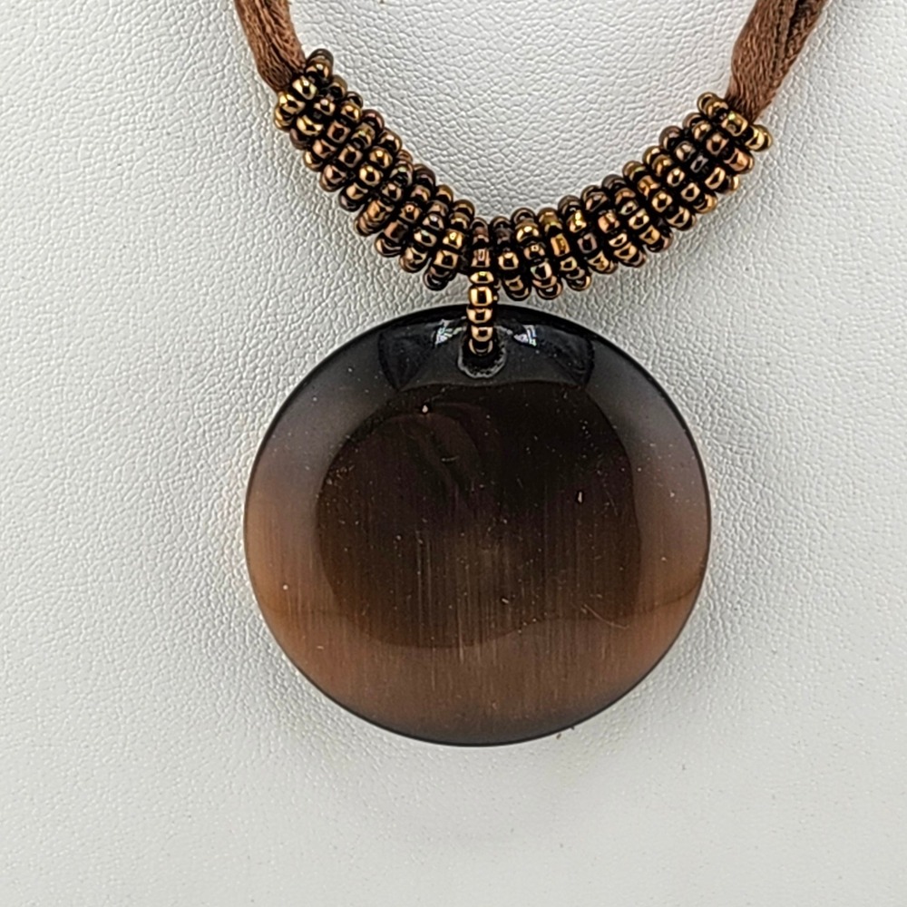 Brown Cats Eye Stone Pendant Necklace Bronze Beaded Cord Bohemian‎ Boho Style